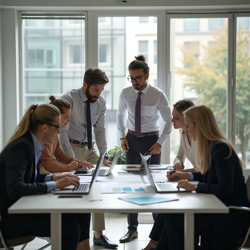 Equipo discutiendo estrategias financieras en oficina moderna